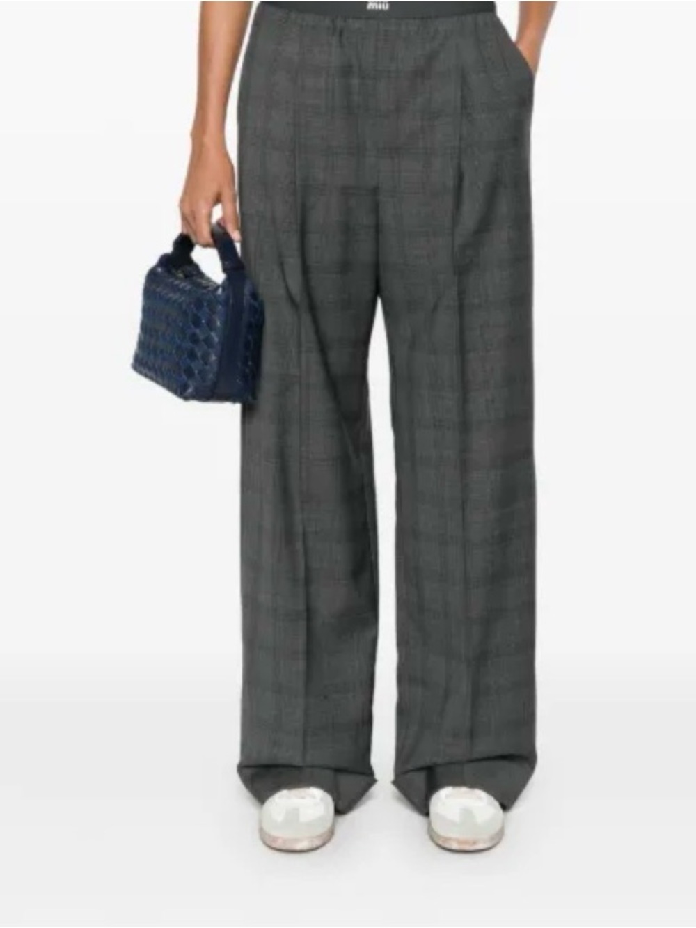 ♥️$2855 NWT MIU-MIU Checked Wool Palazzo Grey Wool Pants